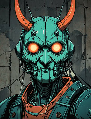 (close up, head and shoulders portrait:1.5), red, orange, green, teal, aqua, blue, violet gradient ,(anthromorphic beetle robot :1.5), cube shaped head, samurai, wearing samurai armor, (strong outline sketch style:1.5), symmetrical features, gritty fantasy, (darkest dungeon art style :1.4), dark muted background, detailed, one_piece_wano_style, Dark Manga of,anime screencap,Dark Anime of