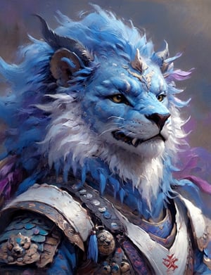 (close up, head and shoulders portrait:1.3), anthromorphic ( oriental lion :1.2) dragon, samurai , long mustache, samurai armor , blue, violet , white and black color scheme , Disney pixar style