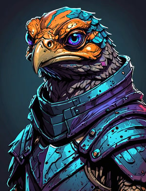 (close up, head and shoulders portrait:1.3), tangerine and teal, (anthromorphic eagle toad:1.6), wearing blue and violet sci-fi polycarbonate armor, (strong outline sketch style:1.5), gritty fantasy, (darkest dungeon art style :1.4), dark muted background, detailed