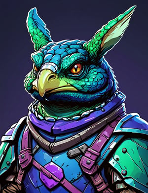 (close up, head and shoulders portrait:1.3), blue and green gradient , (anthromorphic eagle toad rabbit :1.6), rabbit ears, wearing blue and violet sci-fi polycarbonate armor, (strong outline sketch style:1.5), gritty fantasy, (darkest dungeon art style :1.4), dark muted background, detailed