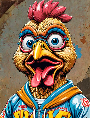 (close up, head and shoulders portrait:1.5), An extremely detailed 1980s (cartoon caricature:1.5), (oversized head caricature:1.3), anthropomorphic chicken , wearing sports suit , grunge , dystopian, in the style of garbage pail kids