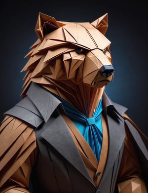 (head and shoulders portrait:2), (angry glaring villian paper grizzly bear:2), menacing expression, wearing super hero outfit, made out of folded paper, origami,  light and delicate tones, clear contours, cinematic quality, dark background, highly detailed, chiaroscuro, ral-orgmi