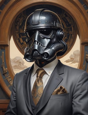 Star Wars imperial death trooper wearing a business suit, head and shoulders portrait , hyper-detailed oil painting, art by Greg Rutkowski and (Norman Rockwell:1.5) , illustration style, symmetry , inside a imperial starship interior , huayu