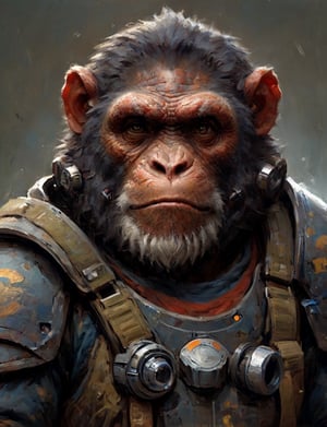 head and shoulders portrait, anthromorphic ape , a hard-boiled atmosphere, futuristic power armor, bounty hunter 
