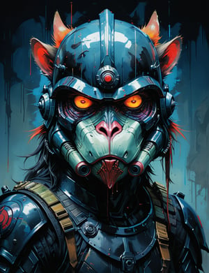 art by simon bisley, art by ralph steadman, art by vallejo, a masterpiece, stunning detail, (head and shoulders portrait:1.3), (anthropomorphic (death trooper:1.9)  (mandrill :1.7) oni :1.3), oni_horns, samurai helmet, neuromancer, cyberpunk, holographic glowing, glowing eyes, wearing black leather armor, creature fur scales , dark background , tangerine and sapphire color scheme 