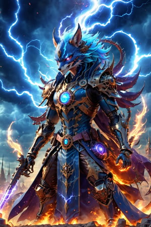 powerfull dark fox projecting dark blue flames of energy anime, 8K RESOLUTION, SORCERER HUMANOID MALE PRINCE of darkness CONQUERING in battlefield, blue infernal flames AND SPARKS in backgRound, , APOCALYPSE, COLORFUL, Intricate, Elegant, Digital Illustration, Scenic, Hyper-Detailed, 8k, THUNDER-STORM,steampunk style,steampunk