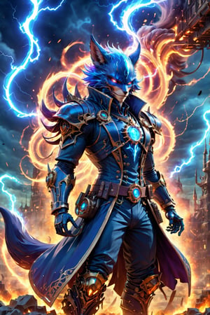 powerfull dark fox projecting dark blue flames of energy anime, 8K RESOLUTION, SORCERER HUMANOID MALE PRINCE of darkness CONQUERING in battlefield, blue infernal flames AND SPARKS in backgRound, , APOCALYPSE, COLORFUL, Intricate, Elegant, Digital Illustration, Scenic, Hyper-Detailed, 8k, THUNDER-STORM,steampunk style,steampunk