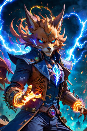 powerfull dark fox projecting dark blue flames of energy anime, 8K RESOLUTION, SORCERER HUMANOID MALE PRINCE of darkness CONQUERING in battlefield, blue infernal flames AND SPARKS in backgRound, , APOCALYPSE, COLORFUL, Intricate, Elegant, Digital Illustration, Scenic, Hyper-Detailed, 8k, THUNDER-STORM,steampunk style