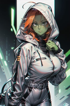 adult woman, green skin, ORANGE hair, orange hair, green eyes, white hooded jacket, black leggings, black turtleneck, uniform, tall curvy figure, muscular figure, anime character, 4k, 8k, ultra high quality, anime,