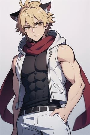 man, blond messy hair, golden eyes, cat ears, semi muscular, sleeveless white winter jacket hood, red scarf, black shirt and trousers, one person, anime character, 4k, 8k, ultra high quality