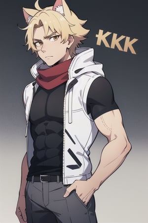 man, blond messy hair, golden eyes, cat ears, semi muscular, sleeveless white winter jacket hood, red scarf, black shirt and trousers, one person, anime character, 4k, 8k, ultra high quality