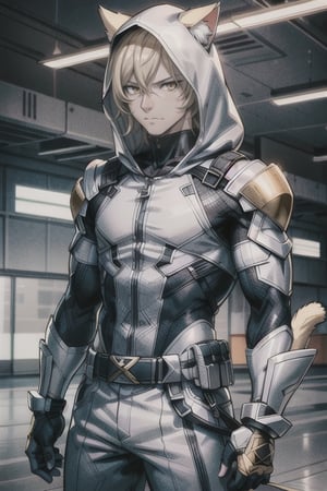 adult MAN, blonde messy long hair, golden eyes, cat ears, cat tail, futuristic superhero, white and gold costume with hood, muscular, 4k, 8k, ultra high quality, anime
