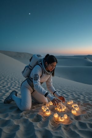 A woman in a futuristic space suit, kneeling on a sandy planet, building intricate sandcastles with glowing, otherworldly sand. The planet's surface stretches out in a vast, desolate landscape under a twilight sky with distant stars. The scene is framed with a wide-angle shot, capturing the vastness of the planet and the woman's small, determined figure. The lighting is soft and ethereal, highlighting the glow of the sand and the woman's focused expression.