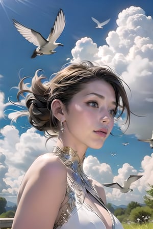 A beautiful girl floats among the clouds, the wind blows, and the birds swoop down, so refreshing beautiful rainbows 