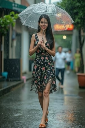 Beautiful girl walks with an umbrella in the rain.