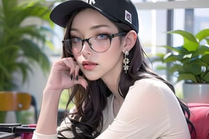 1girl, solo, hat, black_hair, long_hair, glasses, sitting, blue_eyes, baseball_cap, realistic, looking_at_viewer, plant, black_headwear, black_nails, round_eyewear, earrings, jewelry, red_lips, indoors, hand_on_own_face, lips, nail_polish, long_sleeves