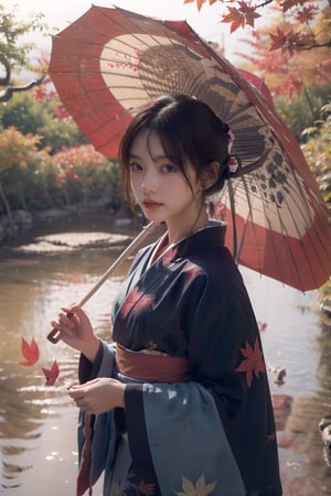 1girl, solo, looking at viewer, brown hair, holding, standing, outdoors, japanese clothes, red kimono, tree, red leaf, umbrella, holding umbrella, branch, blue kimono, oil-paper umbrella, autumn red color leaves , red theme 