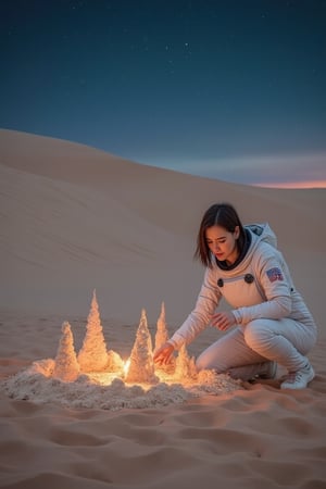 A woman in a futuristic space suit, kneeling on a sandy planet, building intricate sandcastles with glowing, otherworldly sand. The planet's surface stretches out in a vast, desolate landscape under a twilight sky with distant stars. The scene is framed with a wide-angle shot, capturing the vastness of the planet and the woman's small, determined figure. The lighting is soft and ethereal, highlighting the glow of the sand and the woman's focused expression.