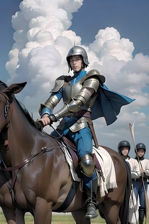 polearm, riding, weapon, war, spear, horse, armor, army, helmet, 1girl, cloud, horseback_riding, soldier, sky, cloudy_sky, 6+boys, cape, holding