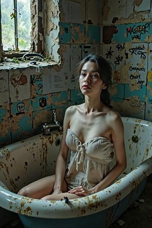 In this captivating visual tableau, the young woman occupies a battered bathtub, embodying a sense of tranquility that stands in stark contrast to her dilapidated surroundings. The bathroom, cloaked in dim light, tells a story of neglect and decay. Cracked tiles form a grimy mosaic underfoot, while the walls bear the scars of time—faded graffiti whispering random thoughts and symbols of a once-vibrant past.

Cobwebs drape lazily in the corners, their presence a testament to the abandonment that pervades the space. A small gecko clings to the smooth surface of a tile, frozen in time, while three tiny mice flit furtively along the edges—quick shadows that blend seamlessly into the room’s murky corners. The frail light that filters through the grime-laden window casts long, haunting shadows, heightening the eerie ambiance.

Yet amidst this decay, the young woman’s serenity is striking. Her pale skin glows softly in the dim light, and her composed expression suggests an inner strength that defies the harshness of her environment. She is an embodiment of resilience, a contrast to the desolation around her. This juxtaposition of beauty against a backdrop of ruin transforms the scene into a powerful commentary on isolation and human vulnerability.

It's a poignant exploration of the human spirit, caught in a world that often feels unwelcoming and harsh. The bathtub, though uninviting, becomes a sanctuary—a place of quiet reflection amid chaos. This piece serves as a reminder that even in the most desolate circumstances, grace and strength can endure, making it a compelling work of art that resonates deeply with themes of survival and hope.

