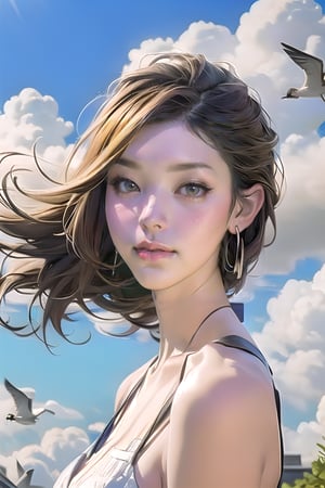 A front face beautiful girl floats among the clouds, the wind blows, and the birds swoop down, so refreshing beautiful rainbows 