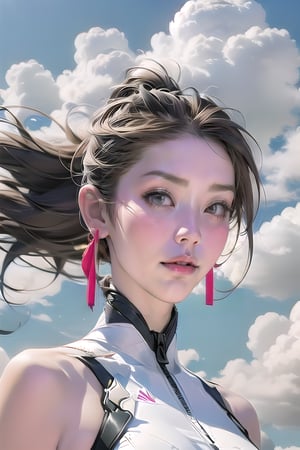 A front face beautiful girl floats among the clouds, the wind , many clouds