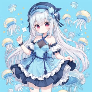 (masterpiece), (best quality), ,thin, ((small breasts)), (tiny breasts), tiny, 1 girl, solo, long hair, messy hair, blue and white hair, (Jellyfish over the head) , (Jellyfish) ,((Jellyfish hat)), cyan_blue, red eyes, halter dress, (Floating), ,cute