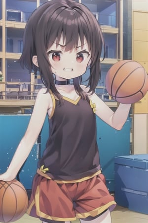 fantai12, ((best quality)), ((masterpiece)), Flatchested, 1 girl, solo, (red bow), (oversized basketball shorts,), fantai12,  (messy hair), bend , ((tank top)), grin, shy, angry, Megu-KJ