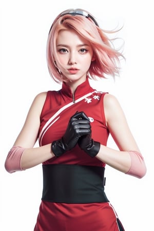 {{{masterpiece}}}, {{{best quality}}}, {{{ultra-detailed}}}, {cinematic lighting}, {illustration}, 1girl, sakura haruno, (green eyes:1.5), hairban, short hair, pink hair, bare shoulders, black skirt, black gloves, forehead, gloves, gloves, konohagakure symbol, ninja, (red shirt:1.5), shirt, sleeveless, sleeveless shirt, sexy ass, sexy breasts, cleavage, holding kunai, pretty face, pretty eyes, nice hands,  perfect body,Realism,perfecteyes, background konohagakure