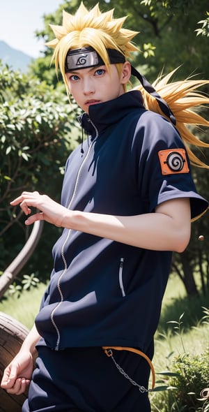 "Generate an image of Naruto Uzumaki from the popular anime series 'Naruto' using his signature jutsu, the 'Rasengan.' Naruto stands with determination, his blond hair flowing, and his bright blue eyes focused. He holds his palm out, surrounded by swirling chakra that forms the Rasengan, a spiraling sphere of energy. The scene is set against a backdrop of a lush forest, with leaves rustling in the wind as Naruto's power radiates through the air. Capture the essence of Naruto's spirit and determination as he unleashes his formidable ninja abilities.",n4rut0