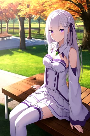 absurdres, highres, ultra detailed, emilia, white hair, purple eyes, long hair, medium breasts, hair flower, hair ornament, hair ribbon, white dress, detached collar, wide sleeves, white thighhighs, looking at viewer, sitting, bench, outdoors, tree