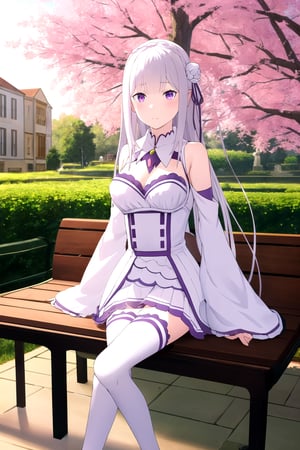 absurdres, highres, ultra detailed, emilia, white hair, purple eyes, long hair, medium breasts, hair flower, hair ornament, hair ribbon, white dress, detached collar, wide sleeves, white thighhighs, looking at viewer, sitting, bench, outdoors, tree