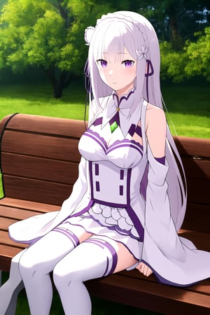 absurdres, highres, ultra detailed, emilia, white hair, purple eyes, long hair, medium breasts, hair flower, hair ornament, hair ribbon, white dress, detached collar, wide sleeves, white thighhighs, looking at viewer, sitting, bench, outdoors, tree