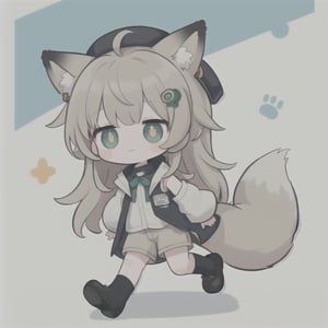 masterpiece, best quality, LONG_HAIR, GREEN_EYES, SYMBOL-SHAPED PUPILS, WHITE_PUPILS, BLACK_JACKET, SLEEVELESS_JACKET, AHOGE, WHITE_SOCKS, LOOSE_SOCKS, LONG_SLEEVES, SHIRT, HAIR_ORNAMENT, GREY_SHORTS, BLACK_HEADWEAR, EARS_DOWN, FOX_EARS, FOX_TAIL, ANIMAL_EARS, GREEN_TAIL, ,best quality, sticker