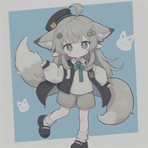 masterpiece, best quality, LONG_HAIR, GREEN_EYES, SYMBOL-SHAPED PUPILS, WHITE_PUPILS, BLACK_JACKET, SLEEVELESS_JACKET, AHOGE, WHITE_SOCKS, LOOSE_SOCKS, LONG_SLEEVES, SHIRT, HAIR_ORNAMENT, GREY_SHORTS, BLACK_HEADWEAR, EARS_DOWN, FOX_EARS, FOX_TAIL, ANIMAL_EARS, GREEN_TAIL, ,best quality, 