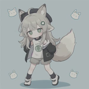 masterpiece, best quality, LONG_HAIR, GREEN_EYES, SYMBOL-SHAPED PUPILS, WHITE_PUPILS, BLACK_JACKET, SLEEVELESS_JACKET, AHOGE, WHITE_SOCKS, LOOSE_SOCKS, LONG_SLEEVES, SHIRT, HAIR_ORNAMENT, GREY_SHORTS, BLACK_HEADWEAR, EARS_DOWN, FOX_EARS, FOX_TAIL, ANIMAL_EARS, GREEN_TAIL, ,best quality, sticker