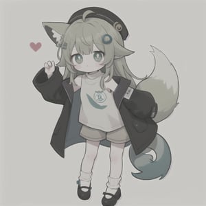 masterpiece, best quality, LONG_HAIR, GREEN_EYES, SYMBOL-SHAPED PUPILS, WHITE_PUPILS, BLACK_JACKET, SLEEVELESS_JACKET, AHOGE, WHITE_SOCKS, LOOSE_SOCKS, LONG_SLEEVES, SHIRT, HAIR_ORNAMENT, GREY_SHORTS, BLACK_HEADWEAR, EARS_DOWN, FOX_EARS, FOX_TAIL, ANIMAL_EARS, GREEN_TAIL, ,best quality, sticker