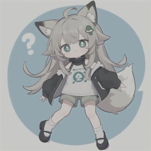 masterpiece, best quality, LONG_HAIR, GREEN_EYES, SYMBOL-SHAPED PUPILS, WHITE_PUPILS, BLACK_JACKET, SLEEVELESS_JACKET, AHOGE, WHITE_SOCKS, LOOSE_SOCKS, LONG_SLEEVES, SHIRT, HAIR_ORNAMENT, GREY_SHORTS, BLACK_HEADWEAR, EARS_DOWN, FOX_EARS, FOX_TAIL, ANIMAL_EARS, GREEN_TAIL, ,best quality, sticker