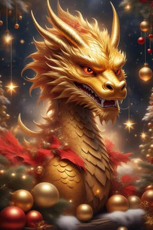(masterpiece), A Christmas-themed golden dragon to welcome 2024, the image is 8k quality, the dragon has shiny scales and a red mane, it is surrounded by Christmas decorations such as lights, garlands, balls and stars.In His mouth holds a lit candle that illuminates his face. In the background you can see a night sky with the moon and stars. The dragon looks at the viewer with an expression of joy and confidence. Along with a text that says "Merry Christmas and New Year of the wooden dragon. May 2024 bring abundance, creativity and success to the world!" Text,,<lora:659095807385103906:1.0>
