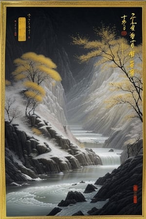 Have you not seen the waters of the Yellow River flowing down from the sky, rushing to the sea without return? Have you not seen in the bright hall's clear mirror the sorrow of white hair, morning like black silk, evening turned into snow? In this poem, Li Bai uses a bold tone to depict the magnificent natural landscape and the vicissitudes of life. The Yellow River rushes down with grandeur, as if descending from the heavens; the bright hall's clear mirror reflects the relentless passage of time, turning black hair in the morning into white snow by evening. The entire scene weaves together the majestic force of nature and the poignant aspects of human life, creating a profound and philosophical atmosphere.

"When life is joyful, one must revel in it; do not let the golden goblet be empty facing the moon." Here, Li Bai expresses the pursuit of happiness and encourages people to fully enjoy the present moment, not letting the beautiful time slip away in vain. The golden goblet juxtaposed with the bright moon outlines the brilliance and brevity of life.

The phrase "To drink and advance" conveys a spirit of unrestrained, generous, and heroic emotions. Sharing a drink with friends and engaging in profound conversations about life is the kind of existence that Li Bai yearns for in his poetry. In such a scene, banquets, songs, and laughter interweave to create a lively and carefree picture.,ink scenery,ice and water