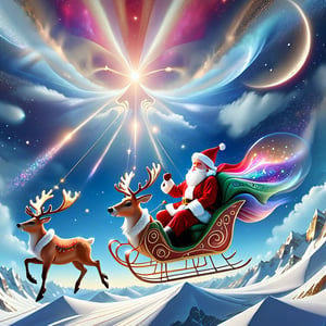 ((Fantasy illustration about Santa's going valley and Reindeers flying on sky)), christmas, geometric patterns, levitating, flying, intricate, 3d, charming details. background of cosmic sky. Visually delightful.  ,DonMC0sm1cW3bXL,3D