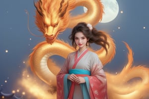 A Christmas-themed whole body, domineering's eastern dragon, the image is 8k quality, the dragon has shiny scales and a red mane, In the background you can see a night sky with the moon and stars. The dragon looks at the viewer with an expression of joy and confidence.,YeMkAF,Chinese girl ,<lora:659095807385103906:1.0>