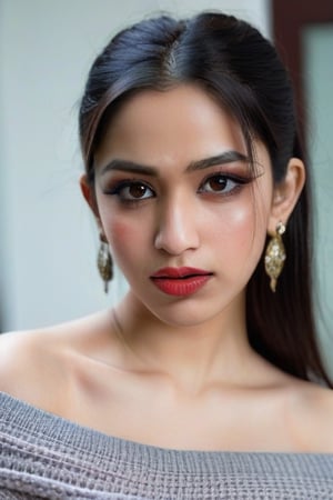 1girl, south_asian, solo, long hair, breasts, looking at viewer, shirt, black hair, brown eyes, jewelry, medium breasts, collarbone, upper body, earrings, off shoulder, black eyes, sweater, lips, makeup, facial mark, realistic skin texture forehead mark, realistic, red lips, ultra realistic, realistic pimples on face, flash,close up