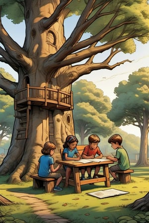 Four children gathered under a large oak tree, sketching plans for a treehouse, sunlight filtering through the leaves,comic book