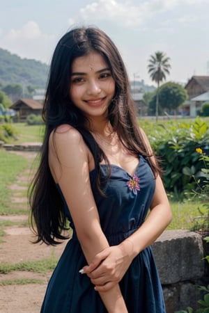 beautiful cute young attractive indian girl, village girl, 20 years old, cute,  Instagram model, long black_hair, colorful hair, smiling, warm, flower garden , blue dress 