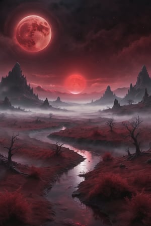 A mysterious, fog-shrouded landscape illuminated by a deep red blood moon.
; gorgeous scenery, adobe after effects, trending on artstation, dark fantasy