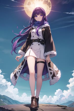 ,fern, long hair, bangs, (purple eyes:1.1), purple hair, sidelocks, blunt bangs, (bright pupils:1.5), half updo, long sleeves, jacket, belt, scarf, coat, fur trim, black belt, sky, clouds, sun,BREAK looking at viewer,BREAK, (masterpiece:1.2), best quality, high resolution, unity 8k wallpaper, (illustration:0.8), (beautiful detailed eyes:1.6), extremely detailed face, perfect lighting, extremely detailed CG, (perfect hands, perfect anatomy),