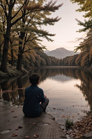 a small boy  fishing in a mountain stream, sitting on the bank, holding a fishing rod, line going into the water, mountains in the background, autumn leaves are brilliant colors,<lora:659111690174031528:1.0>