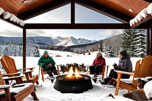 A cozy cabin in the mountains. snow-covered pine trees around the cabin. (1) a firepit on the deck, ((with people sitting around firepit)) Mountains in the background. The view is from the living room through large windows, realistic faces, winter clothes 