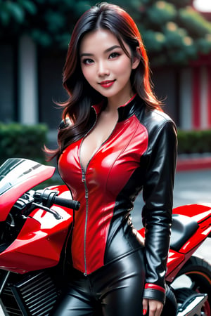  Asian straddling a red motorcycle, full body view (( perfect eyes )) looking straight ahead at the viewer, smiling, ombre lips, dressed in a skin-tight black leather zip-up one-piece suit, realistic, 